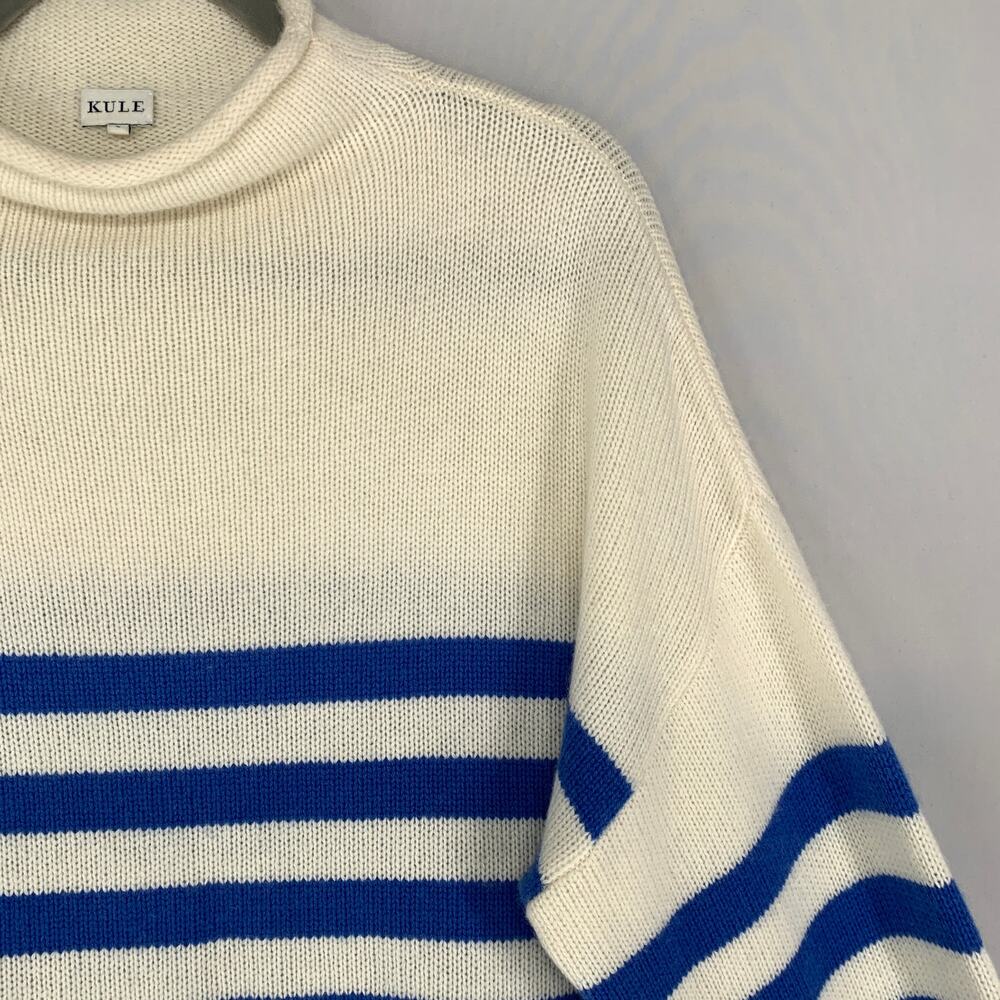 KULE Cream and Blue Striped Cashmere-blend Turtleneck Sweater. Sz L - Picture 6 of 16